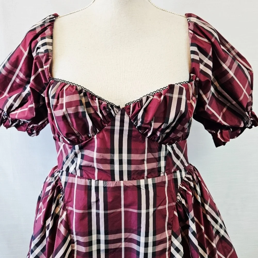 Anthropologie Maeve Plaid Maroon Tartan Burgundy Mini Puff Sleeve Dress Size S - Picture 7 of 15